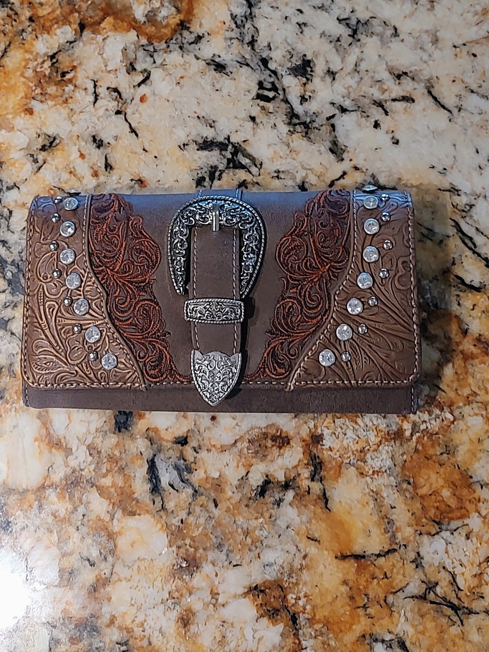 Montana West Brown Embossed Western Wallet with Silver Buckle and Rhinestones